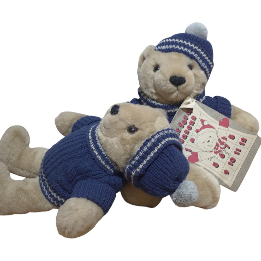 Vintage Carousel by Guy Teddy Bear Pair 1985 Blue Sweater Hat w Advent Calendar - Picture 7 of 14